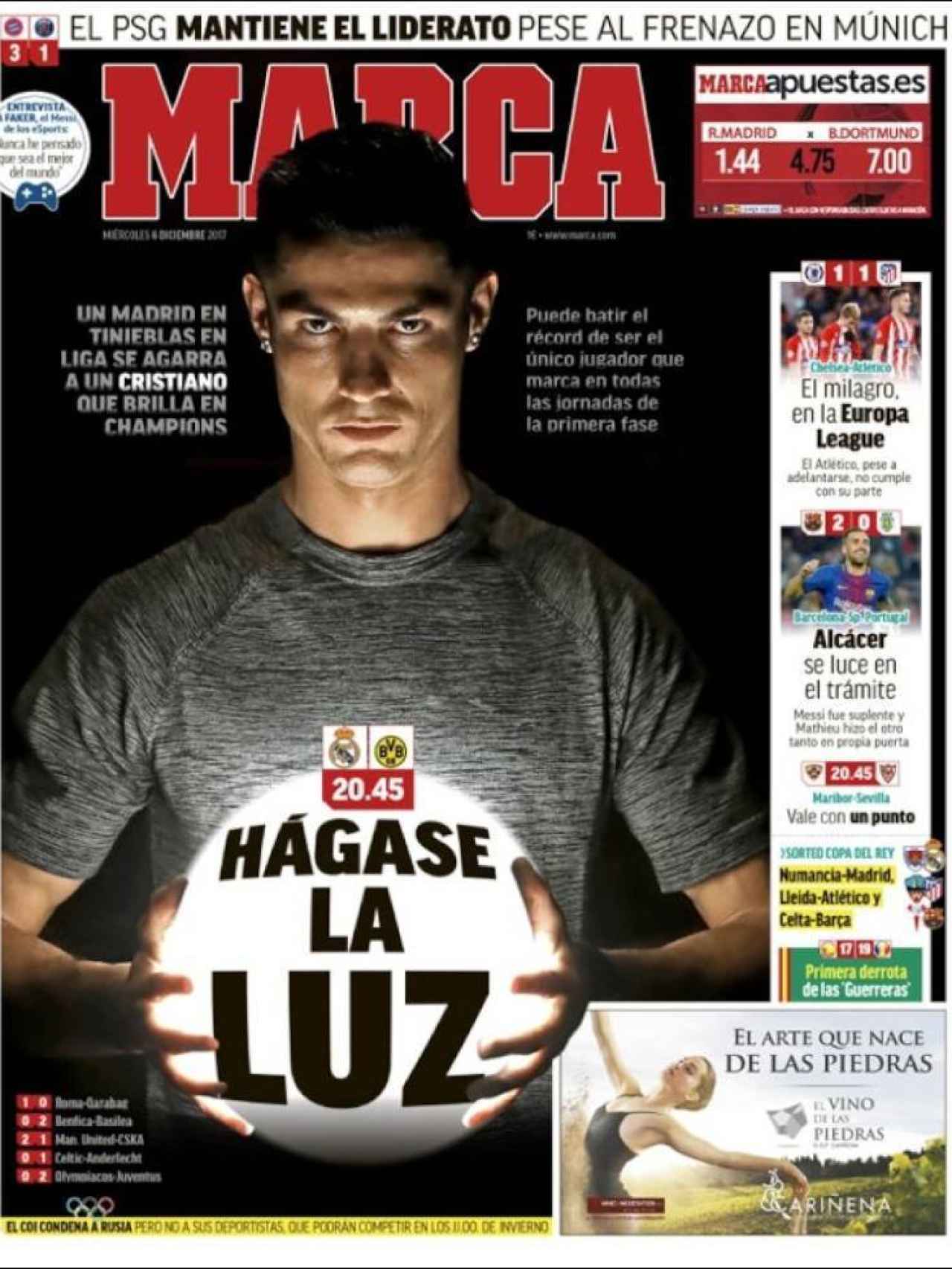 MARCA lleva a Cristiano en su portada con motivo del Real Madrid - Borussia.