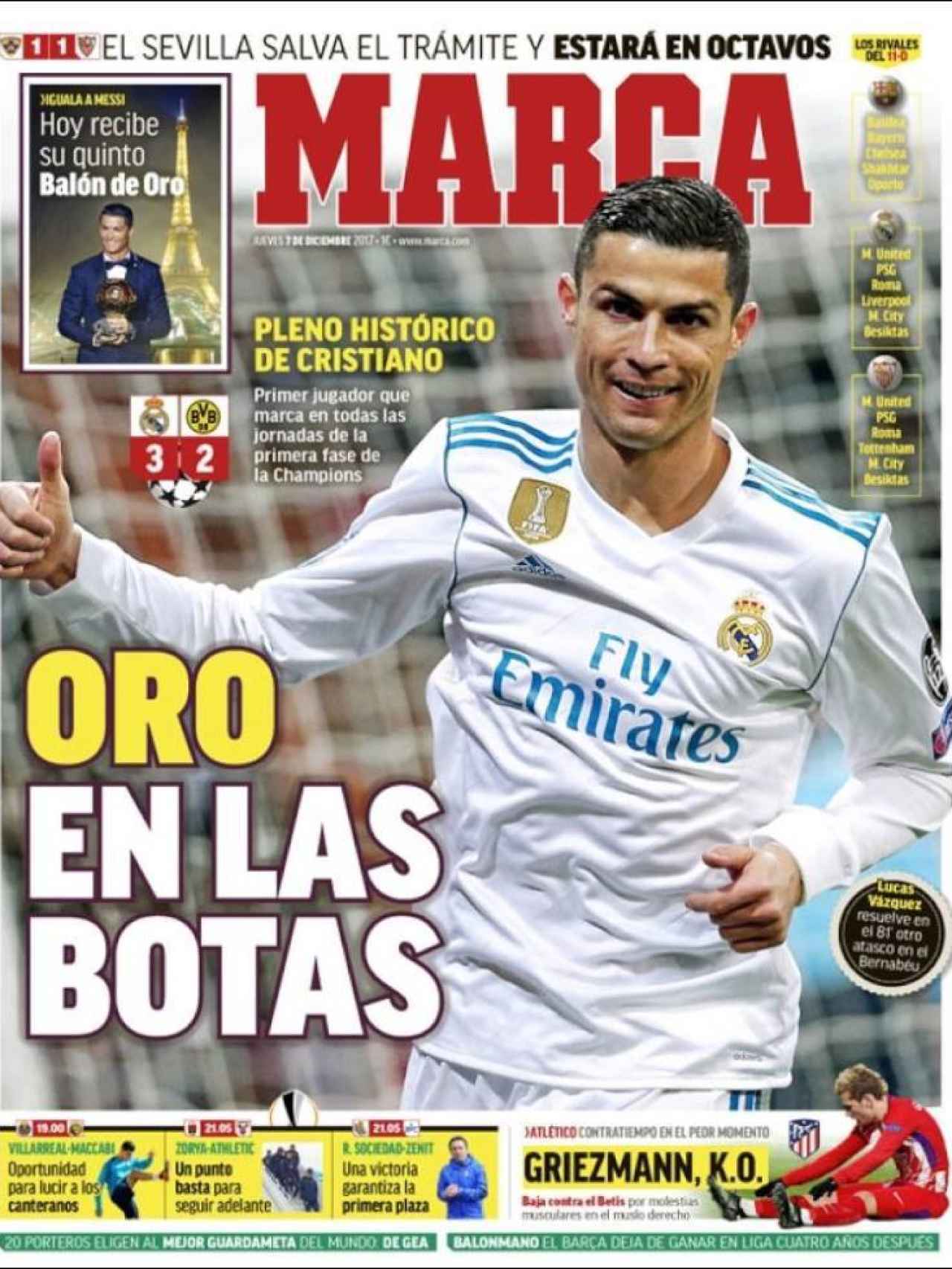 MARCA abre con el Real Madrid y con Cristiano, que hoy recogerá su quinto Balón de Oro.
